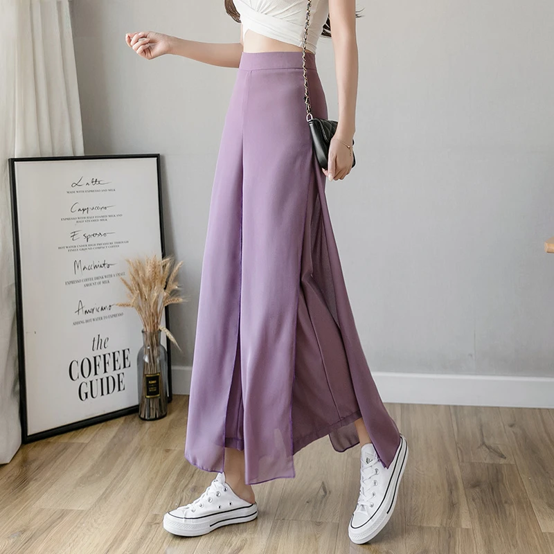 

2022 Summer New Drape Chiffon Fake Two-piece Black Wide-leg Pants Women's Nine-point Loose Hakama Y2k Pants Korean Style