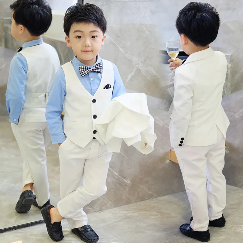 Children Formal White Dress Suit Set Flower Boys Wedding Party Performance Costume Kids Blazer Vest Pants Shirt Tie Clothes