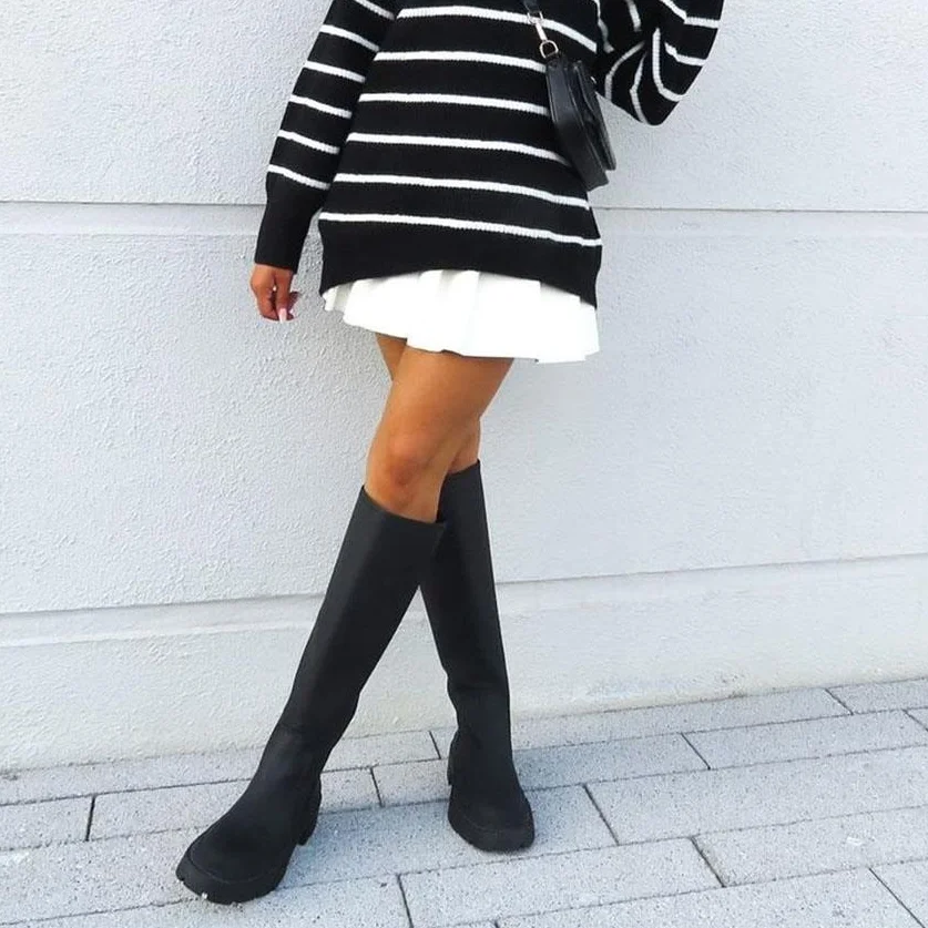 Brand New Ladies Platform Black Boots Fashion Chunky Med Heels Knee High Boots Women Casual Party Shoes Woman Thigh High Boots