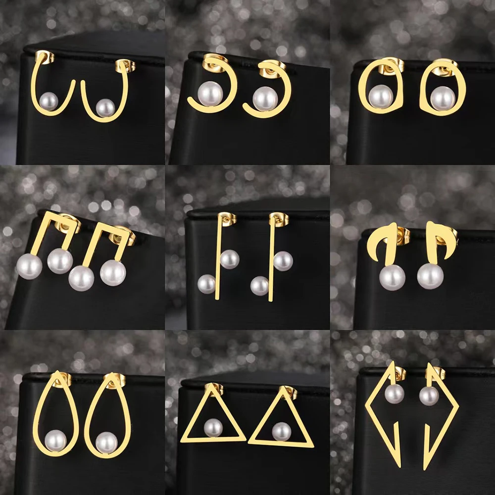 

Серьги из нержавеющей стали, легкие Роскошные геометрические серьги-гвоздики в форме капли воды, звезд, Луны, сердца, жемчужные серьги для ж...