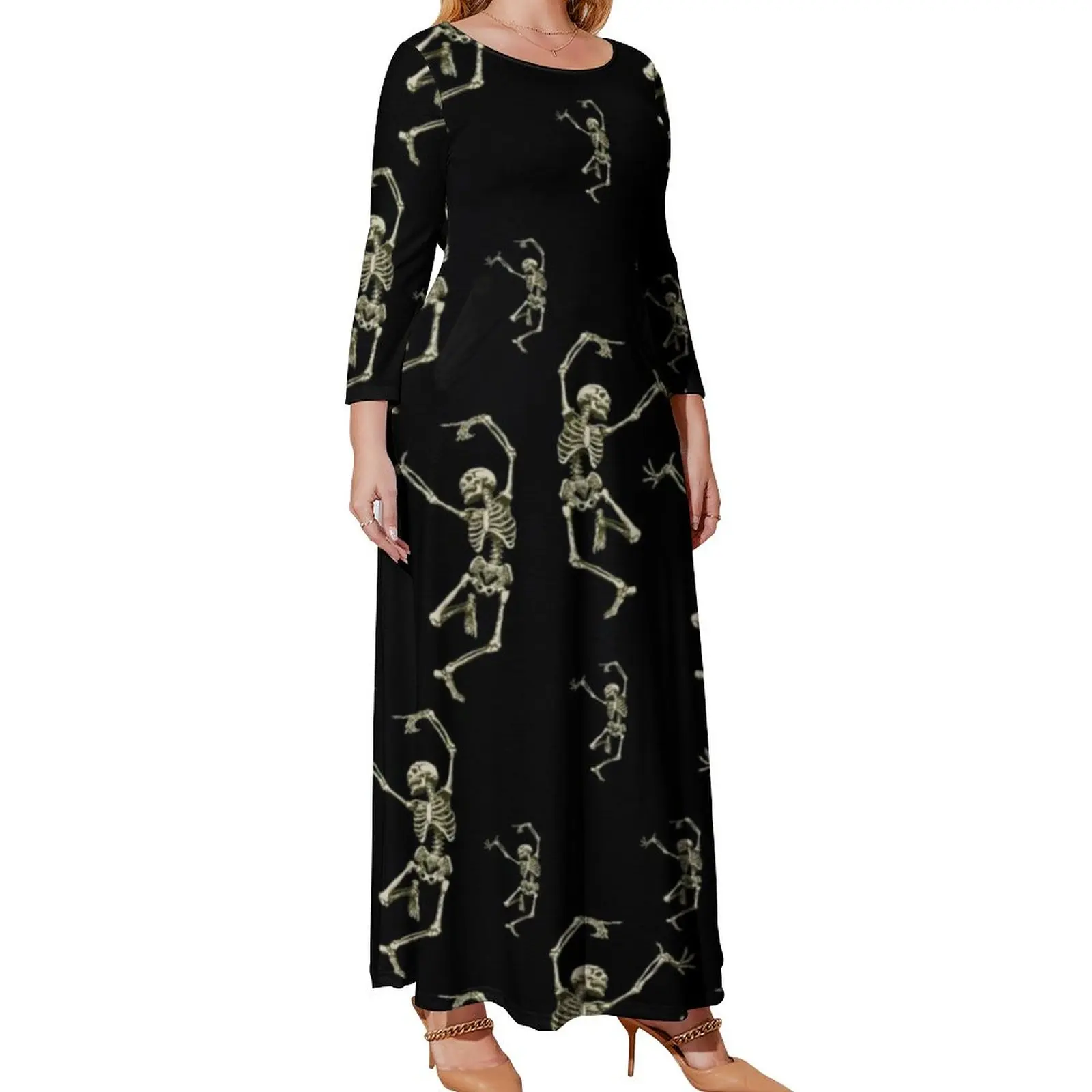 Dancing Skeleton Dress Female Halloween Art Print Elegant Maxi Dress Aesthetic Beach Long Dresses Vestido Plus Size 3XL 4XL