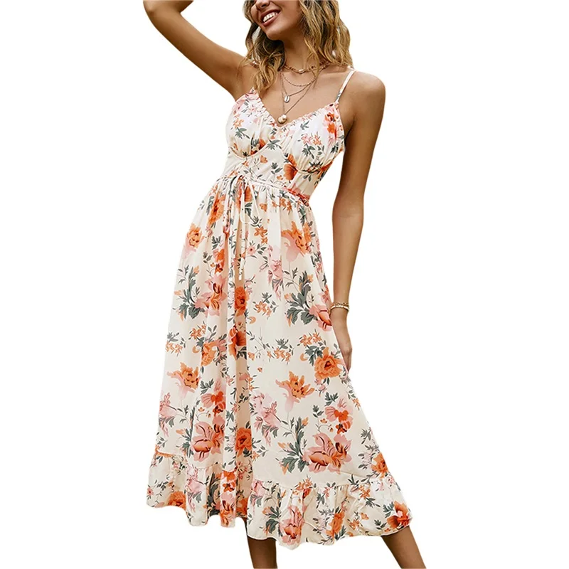 

Women Floral Dress, Sleeveless V Neck High Waist Slimming Casual Party Party A-Lined Midi with Waistband