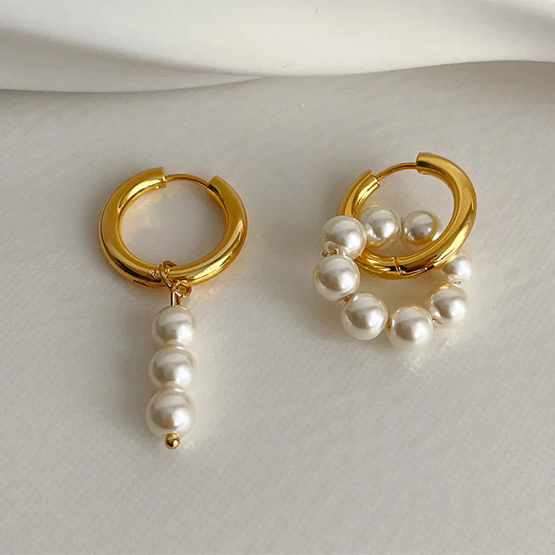 Новинка 2024 позолоченные Асимметричные жемчужные висячие серьги круглые