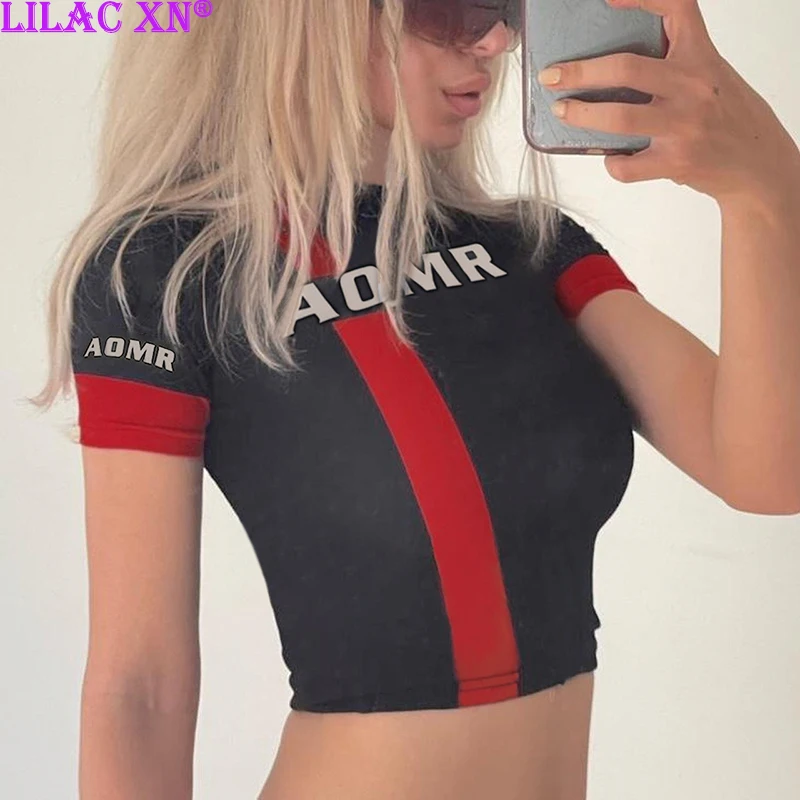 

Y2K Black Letter Print Short Sleeve Corset Crop Tops Harajuku Punk Motorcycle Slim Summer T-Shirts Streetwear Women Fashion Tees