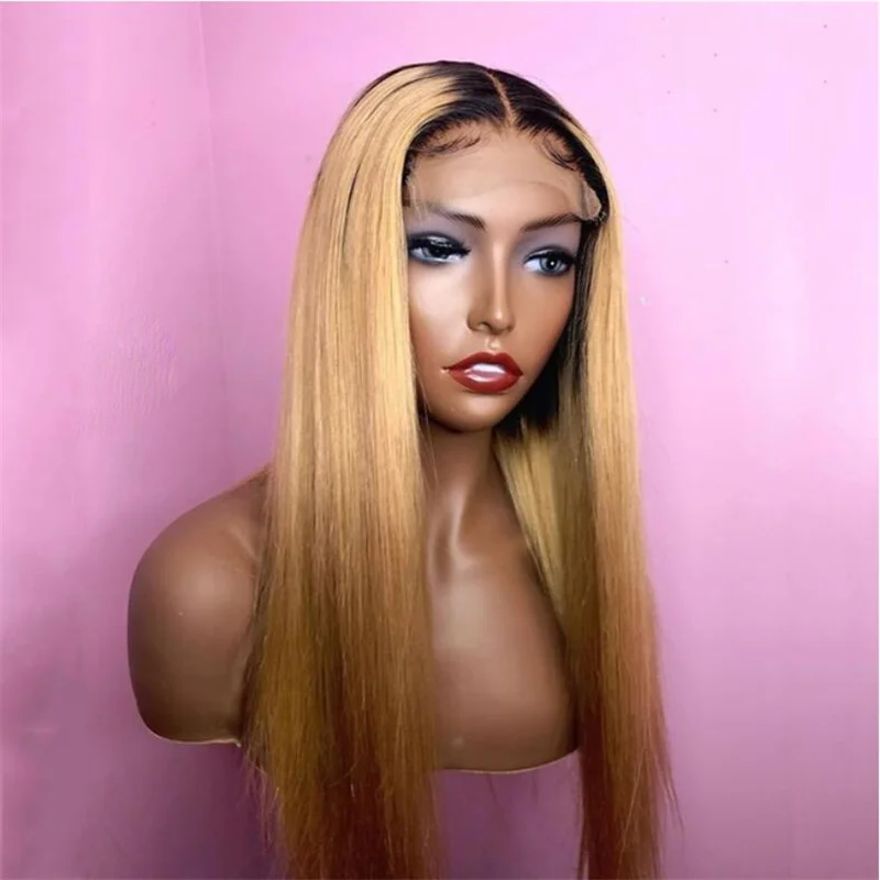 Long Silk Straight 13x4 Lace Front Wig For Women Ombre Blonde Remy Human Hair Wigs Glueless Pre Plucked With Baby Hair