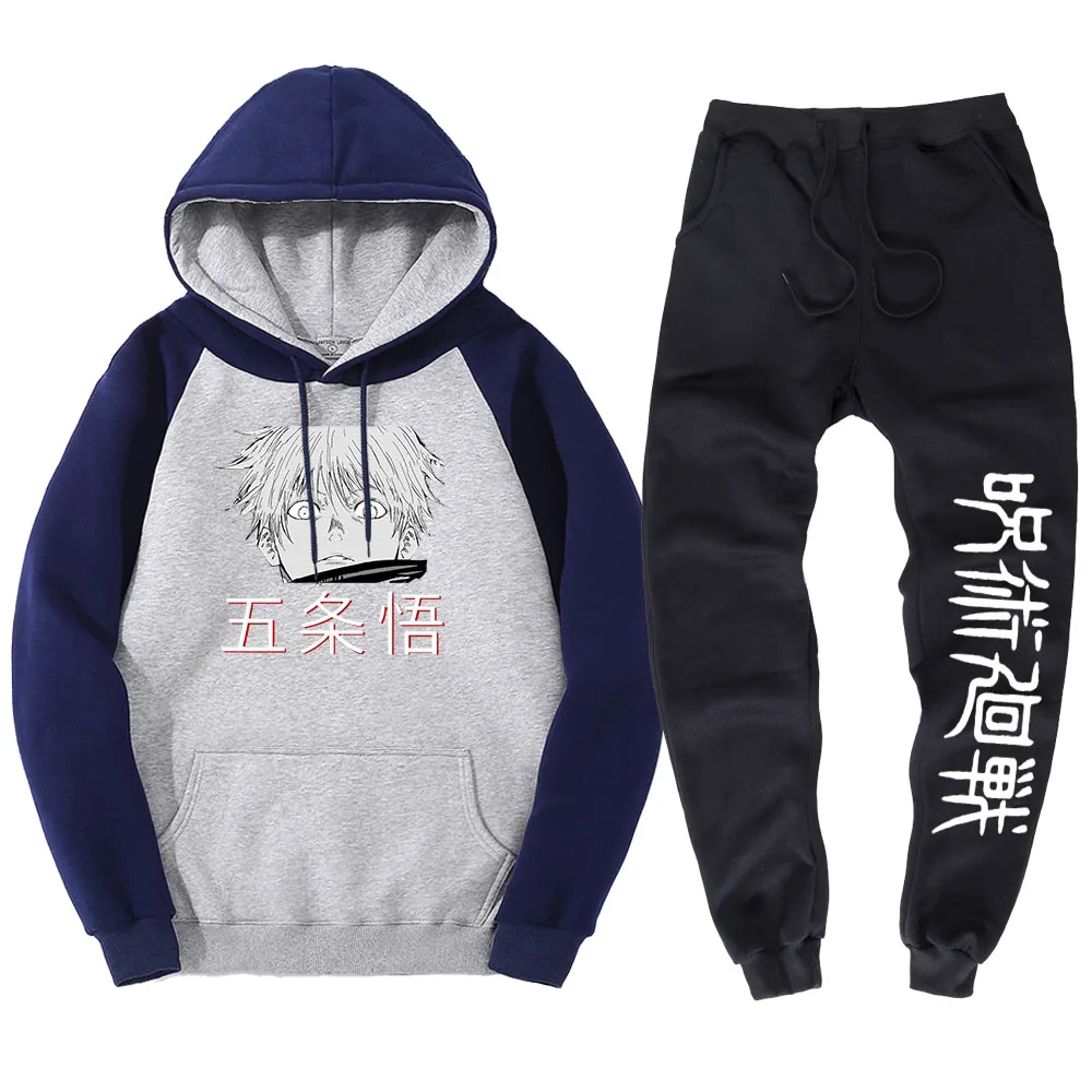 

Jujutsu Kaisen Anime Gojo Satoru Printing Raglan Hoodie And Pants Trendy Pocket Casual Clothing Sets Harajuku Loose Two Sets