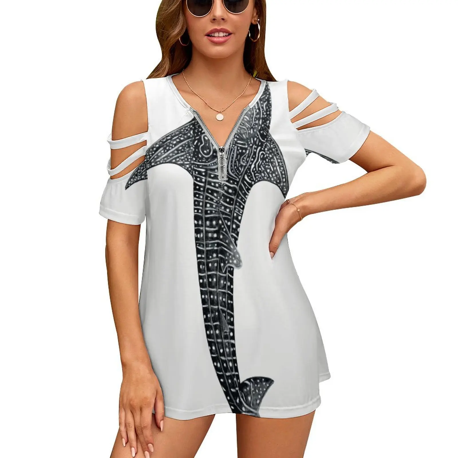 

Женская Винтажная футболка на молнии с принтом Кита, акулы, влюбленных и рыбаков