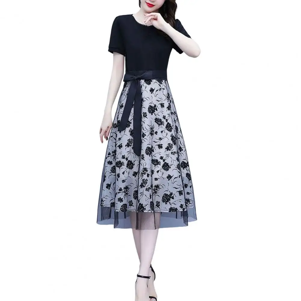 

Women Midi Dress Flower Printed Fake Two Piece Mesh Bow-knot Tight Waist Short Sleeves O Neck Party Summer Dress Female Clothes