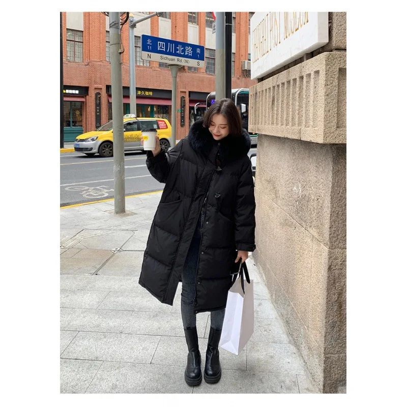 Korean Fashion Loose Hoodie Down And Cotton Coat Women Knee Length Hooded Jacket Thicken Warm Winter Oversize Overcoat Fur Hat