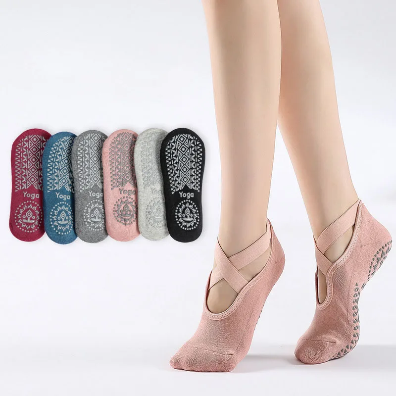 Yoga Socks for Women Non-Slip Grips & Straps, Bandage Cotton Sock, Ideal for Pilates Pure Barre Ballet Dance Barefoot Workout