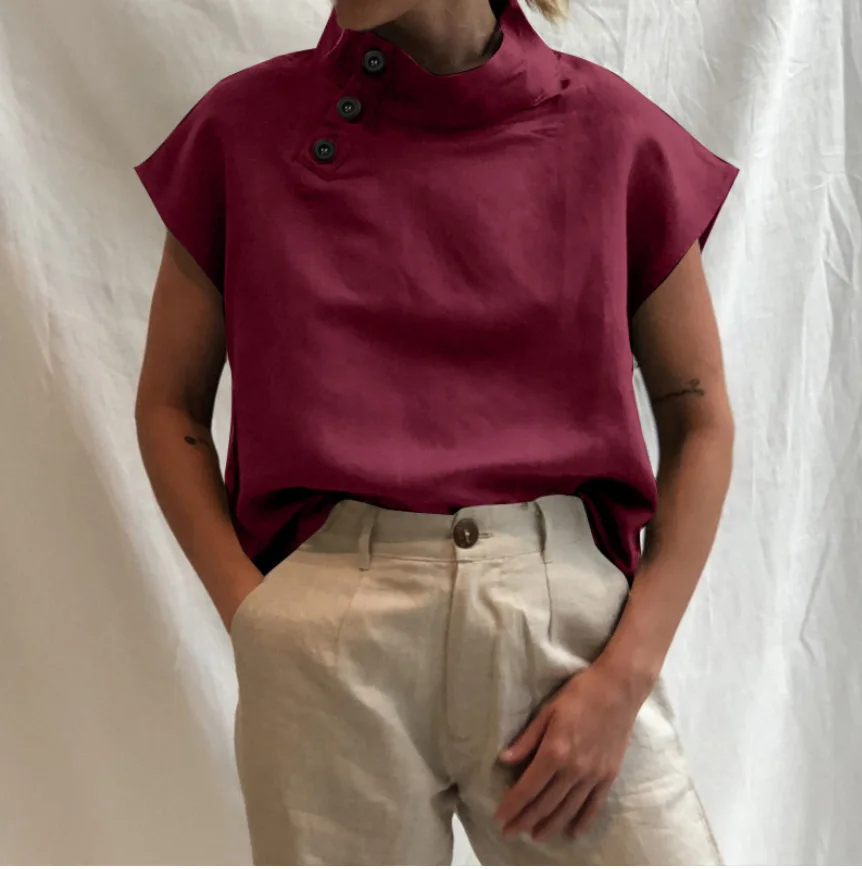 Women Stand Collar Loose T-Shirt 2023 Fashion Patchwork Net Hollow Out Blouse Tops Casual Short Sleeve Cotton Linen Shirts Blusa