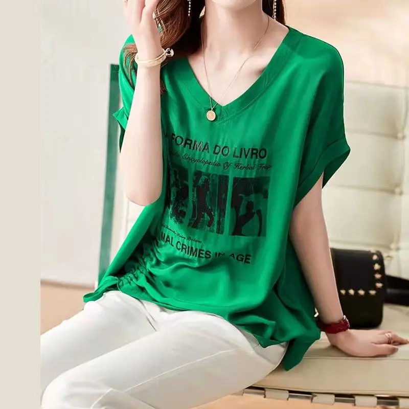 

Streetwear Stylish Printed Pullovers Summer Short Sleeve Casual Shirring Drawstring Female Clothing V-Neck Commute Loose T-shirt