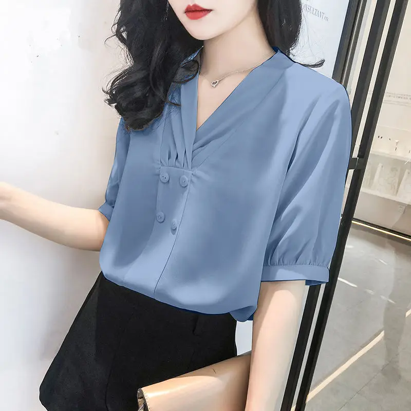 

Elegant V-Neck Half Sleeve Button Folds Plus Size Chiffon Shirt Summer Commute Tops Loose Casual Fashion Woman Blouses 2022