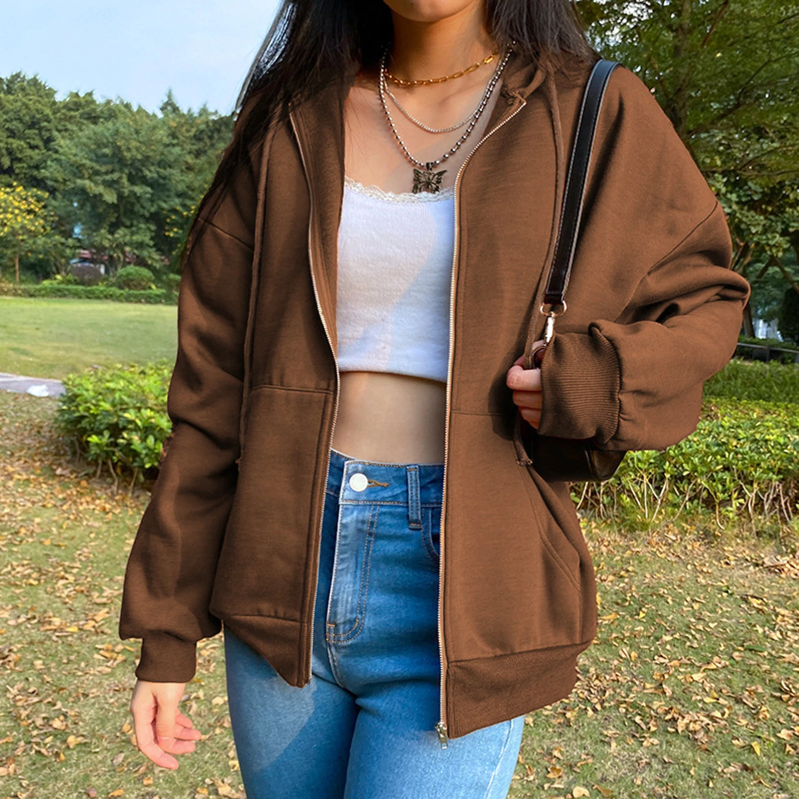 

Ladies Solid Color Basic Sweatshirt Loose Fit Hoodie with Pockets Casual Style Long Sleeve Zipper Streetwear Suit