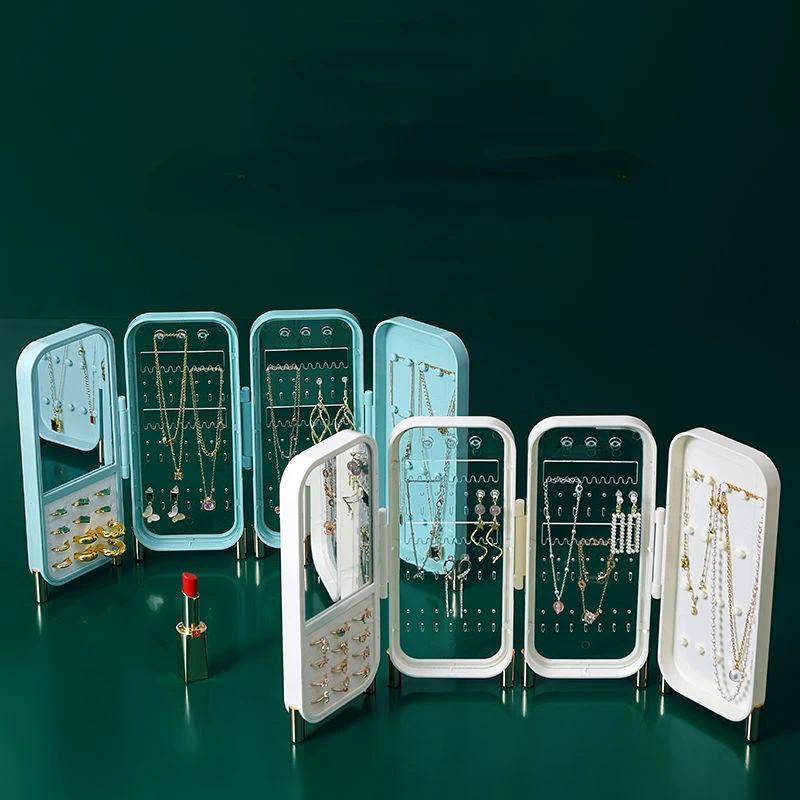 Desktop Jewelry Storage Box Portable Folding Dustproof Earrings Rings Necklaces Rack Display Holder Case for Women Organizer