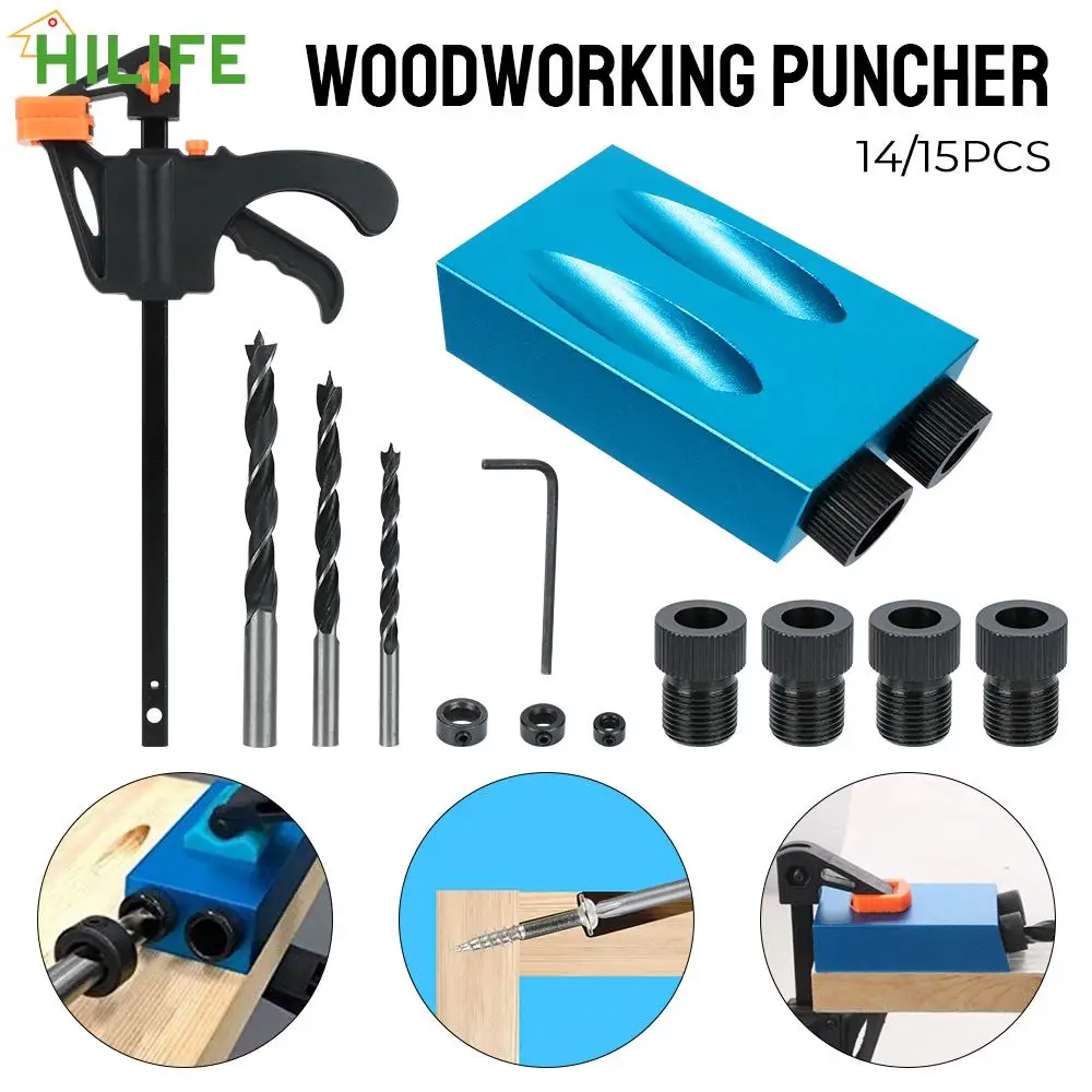 

Woodworking Hole Drilling Guide Locator 14/15Pcs Hole Puncher 15 Degrees Pocket Hole Jig Kit With Drill Bit Set