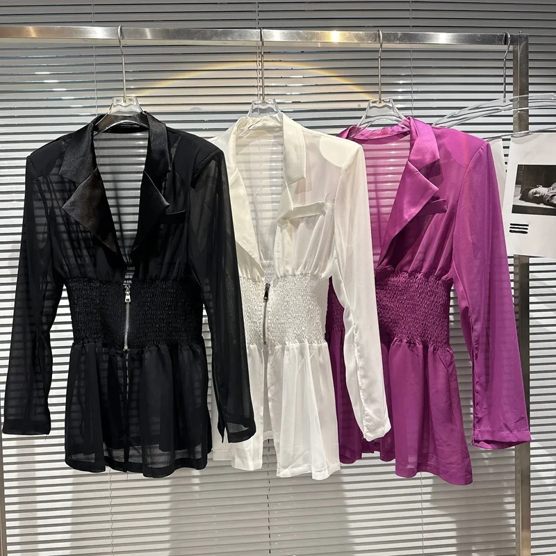 

PREPOMP 2023 Summer New Collection Long Sleeve Shoulder Pads Zipper Stretch Waist Mesh Sunscreen Blazer Jacket Women GH956