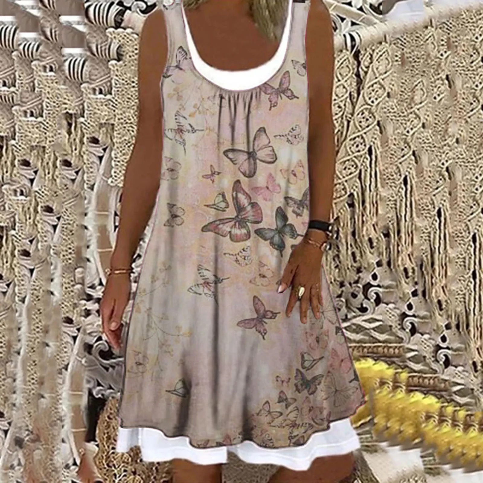 

Женское ТРАПЕЦИЕВИДНОЕ платье до колен с принтом бабочки, синее Повседневное платье без рукавов на весну и лето, платье из двух частей