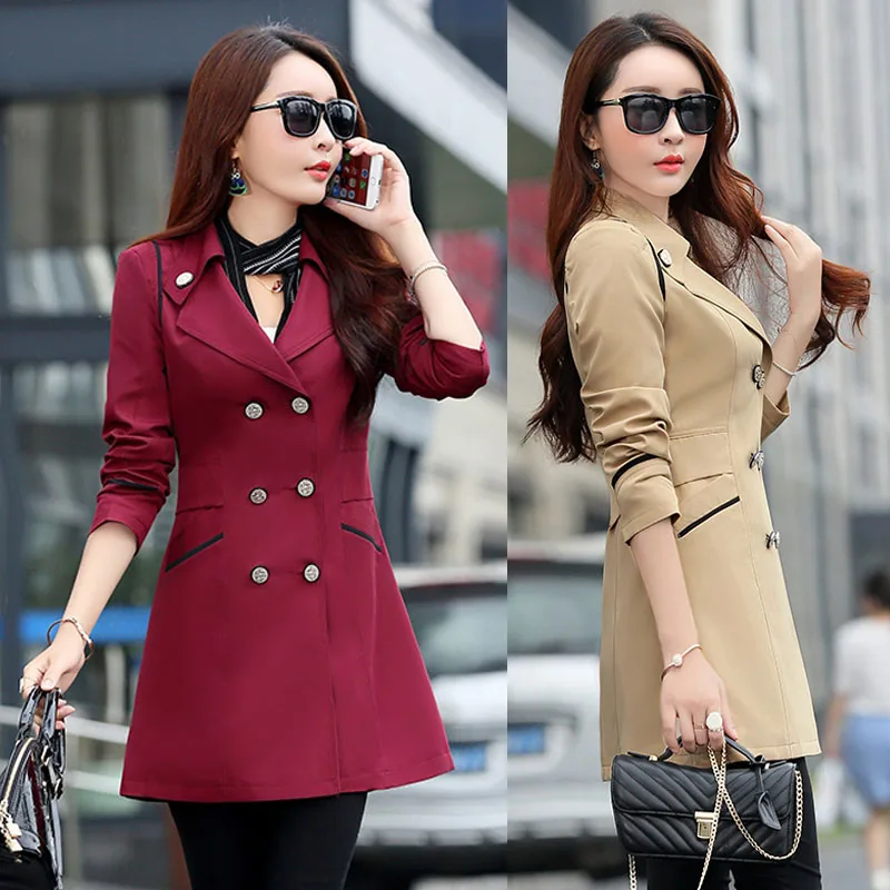 Ветровка средней длины, пальто, Женский облегающий двубортный тренчкот на весну и осень, женская повседневная куртка, топы, однотонная верхняя одежда