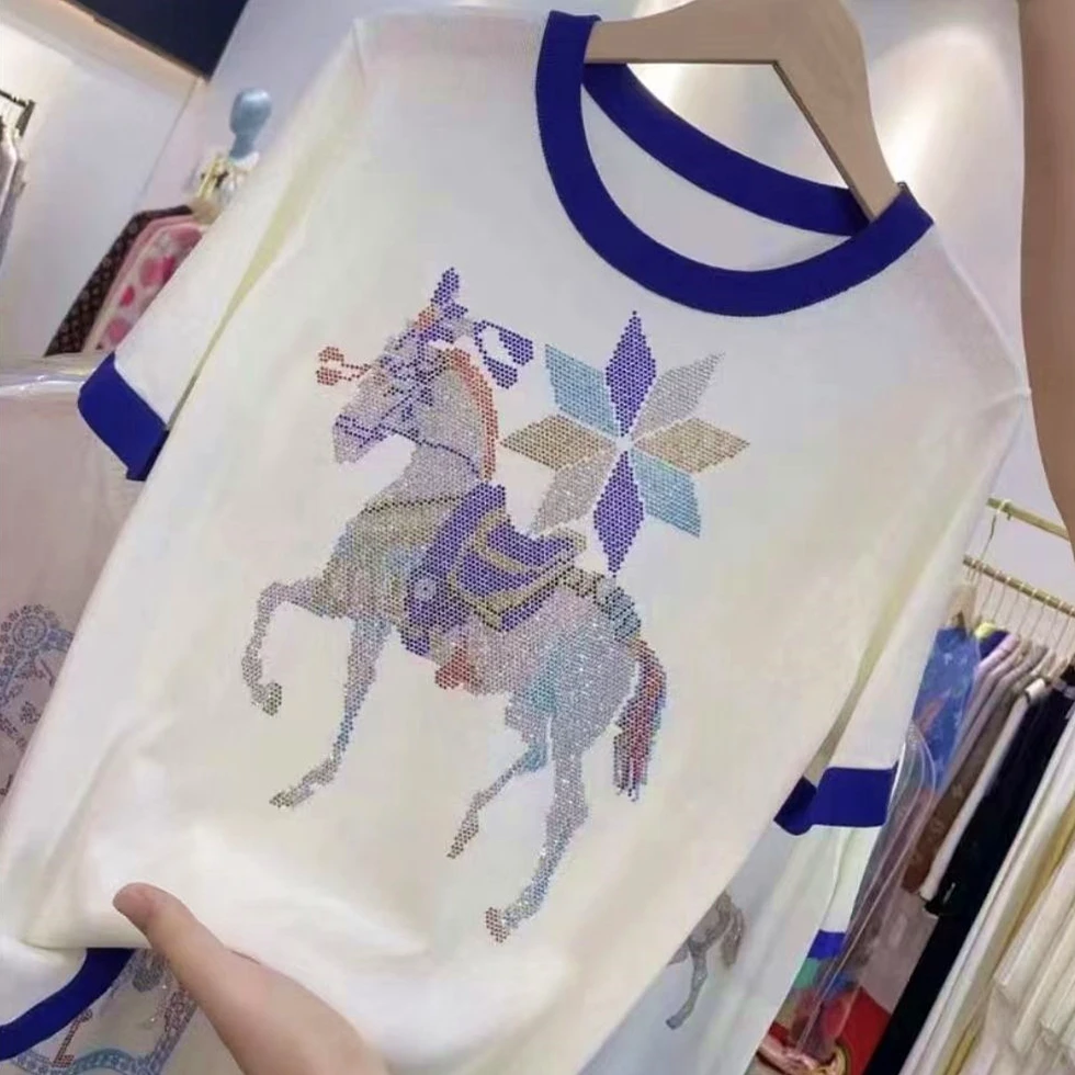 Brand Designer Diamonds Horse Cute Office Lady Summer Pullovers Woman Tshirts Knitted Tops Comfort Summer Ice Silk Loose Casual