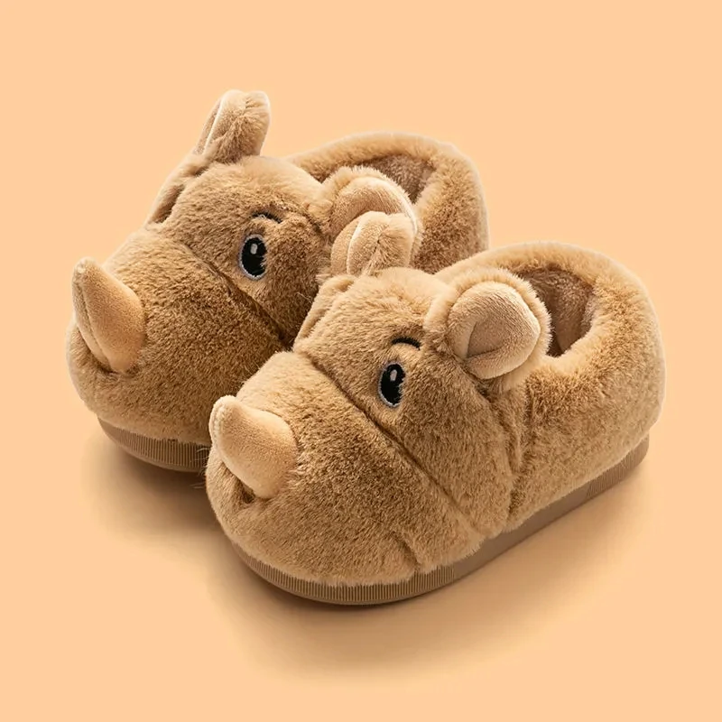 Cute fluffy kids slippers to be home child flat house shoes boys girls cartoon elepant slipper winter indoor furry loafers shoes