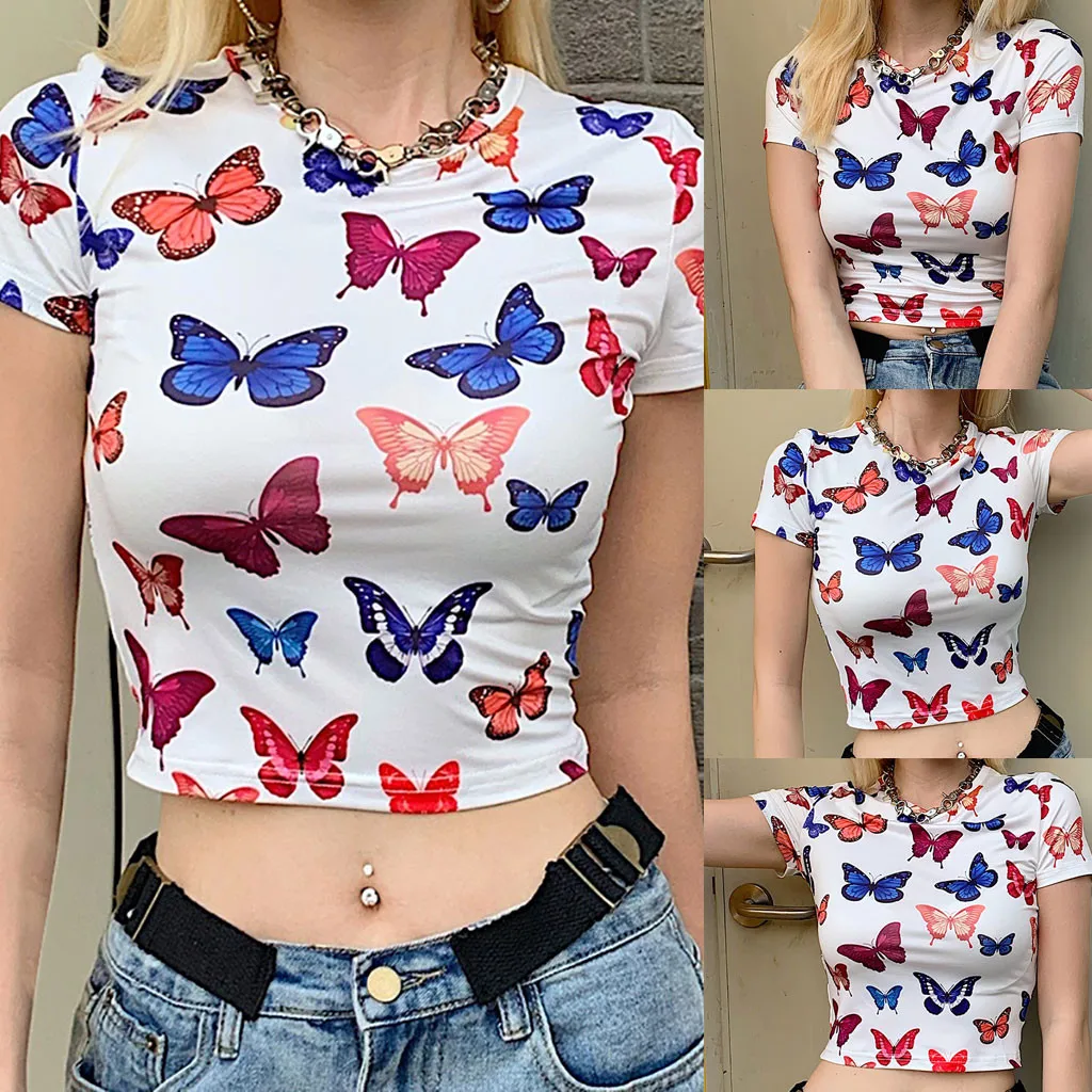 

Women O-Neck Butterfly Print Fashion Casual Sexy Summer Blouse Tops T-shirt