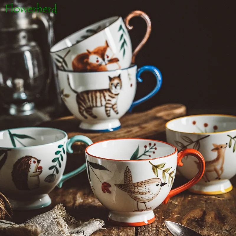 

Hedgehog Fox Deer Hand-painted Ceramic Mug Coffee Cup with Handle Afternoon Tea Cup Household Flower Tea Cup Forest Animal Mugs