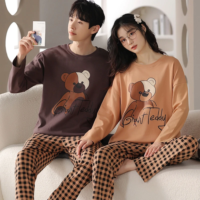 CAIYIER Autumn Winter Couple Pajamas Set Kawaii Lovers Women & Men Sleepwear O-Neck Soft Leisure Nightwear Cartoon Homewear