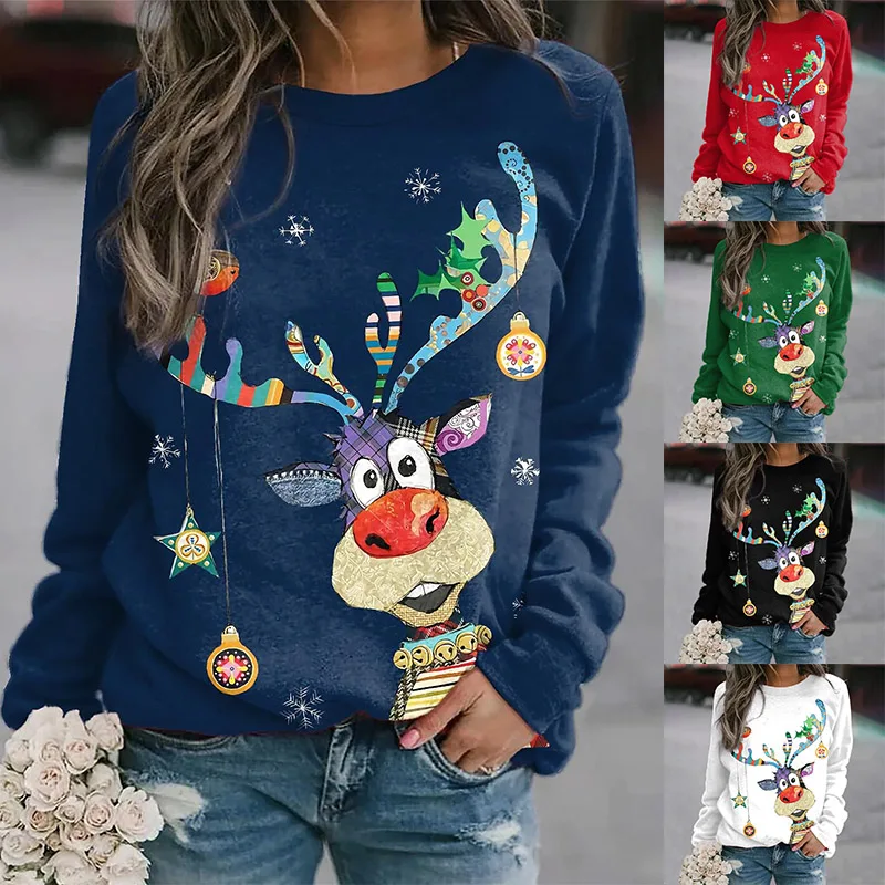 Autumn Winter Christmas Sweater Vintage Elegant Tops Ladies Round Neck Animal Printed Long Sleeve Street Fashion Snowman T-shirt