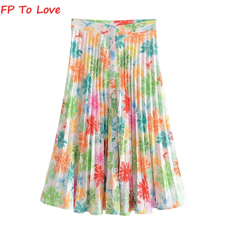 

FP To Love French Retro 2022 Summer Slim Print Breasted Pleated Umbrella Skirt Elegant Midi Skirt Chic High Waist A-Line Skirt