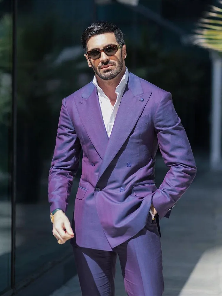Purple Men's Suit 2 Pieces Blazer Pants Double Breasted Peaked Lapel Formal Loose Sparkly Wedding Groom Tailored Costume Homme