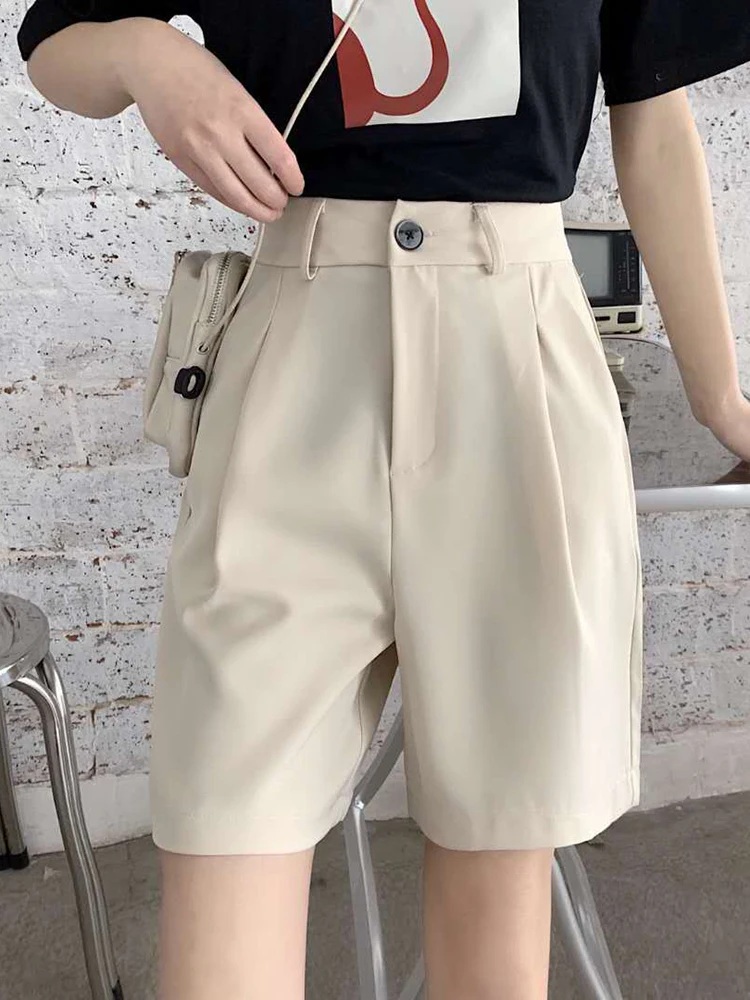 2023 Summer Women Black Suit Shorts Wide Leg High Waist Knee-length Shorts with Pockets Button Ladies Casual Loose Short Pants