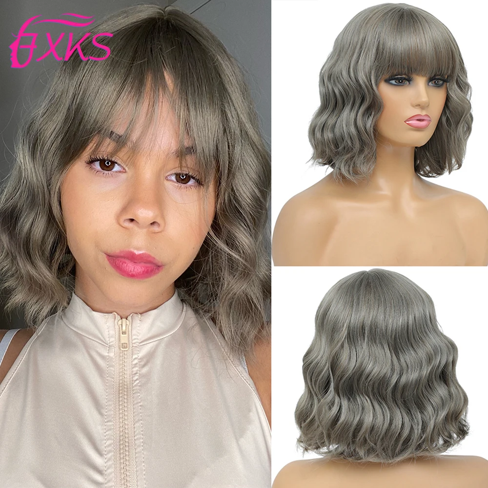 Brown Short Wavy Synthetic Hair Wigs With Bangs Blonde Gray Silver Natural Color Hair Special Curly Wigs For Women 12Inch FXKS