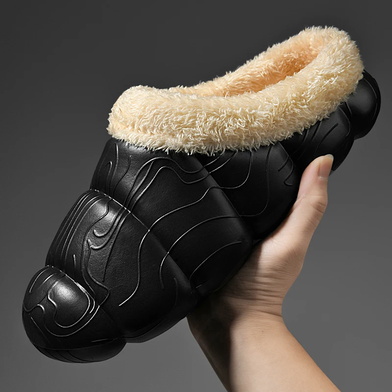 

Winter Warm Women Men Waterproof Furry Slippers Men Shoes Non-Slip Plush Stepped Cotton Printed Indoor Outdoor Home Thick Heel