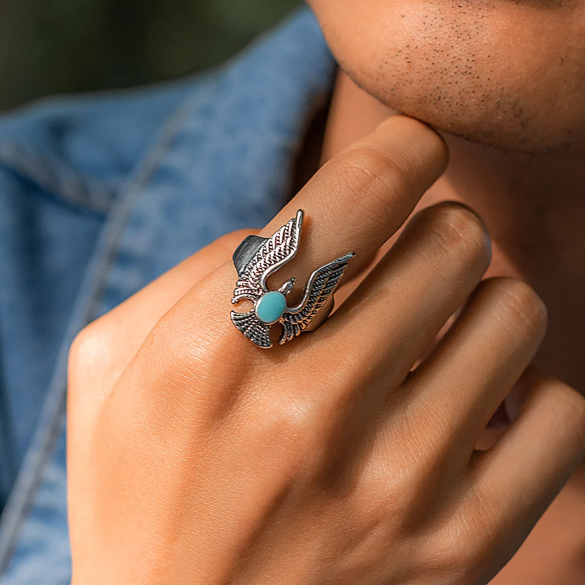 

Turquoise Winged Eagle Ring for Men Vintage Index Finger Ring, High-end Sense Ring, Vintage Men's Jewelry Free Shipping