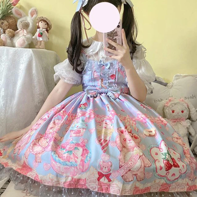 

Женское готическое платье на бретельках, милое платье принцессы в стиле Лолиты, с бантом, с изображением медведя, десерта, вечернее платье в ...