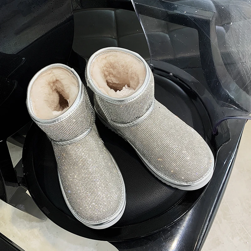 Winter Silver Women's Snow Boots Sequin Lamb Fur Thick Bottom Flat Bottom Rhinestone Women's Snow Boots