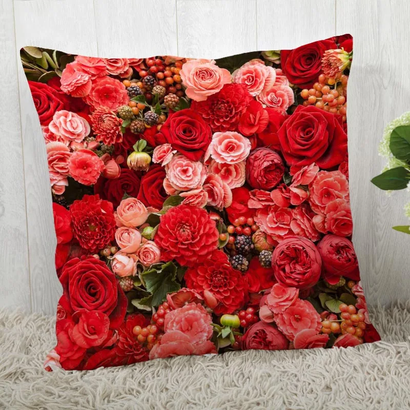

New Red Rose Pillow Cover Bedroom Home Office Decorative Flowers Pillowcase Square Zipper Pillow Cases Satin Soft No Fade