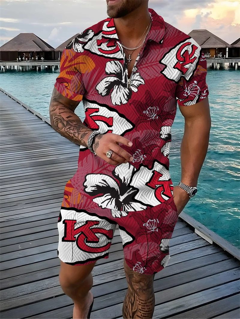 Men's Tracksuit 2 Piece Set Hawaiian Style Print 3D Polo Shirt T Shirt and Shorts Casual Man Clothing Zip-Up Polo Shirt