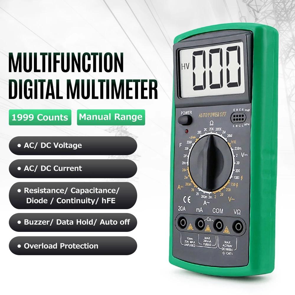 

LCD Digital Multimeter 1999 Counts Electrical Tester Voltmeter Ammeter Overload Protection AC DC Voltage Current Capacitance