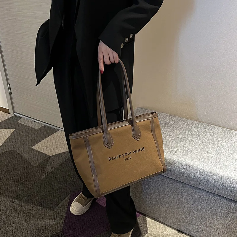 Commuter Large Capacity Women's Shoulder Bags Popular Versatile Canvas Tote Bag Simple Fashion Handbag Retro Solid Color Satchel