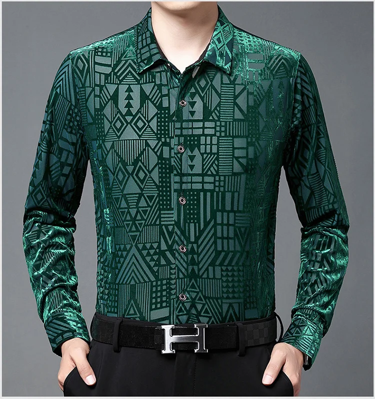 

Trendy Fashion High Luxury Quality Mens Silk Shirts Formal Spring Velvet Flower Pattern Dress Casual Shirt