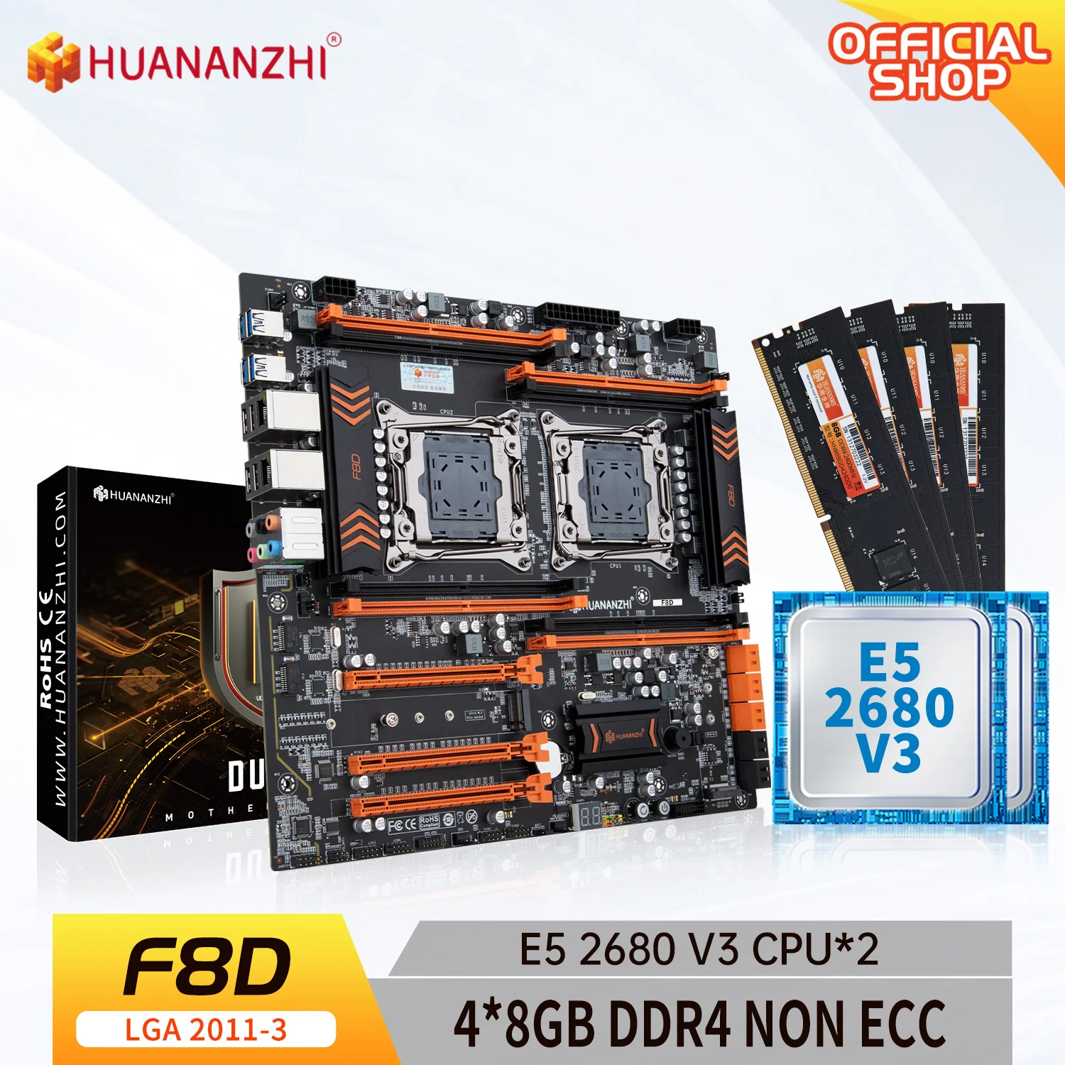 

HUANANZHI X99 F8D X99 Motherboard Intel Dual with Intel XEON E5 2680 V3*2 with 4*8GB DDR4 NON-ECC memory combo kit NVME USB