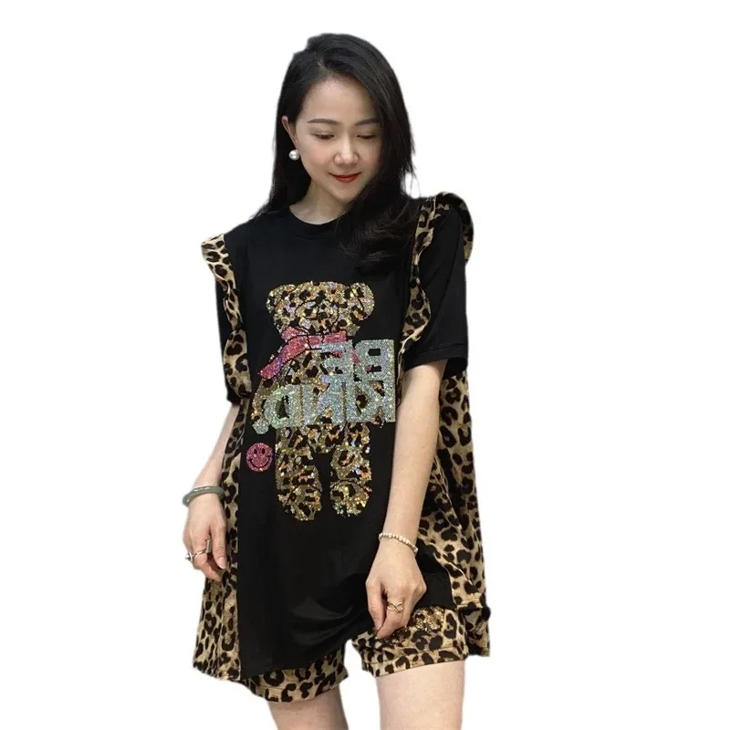 Женский костюм-двойка с леопардовым принтом футболка свободного покроя оборками