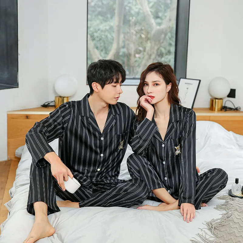 Ice silk couple pajamas women's spring and autumn new satin chiffon long-sleeved vertical cardigan home service large size men's