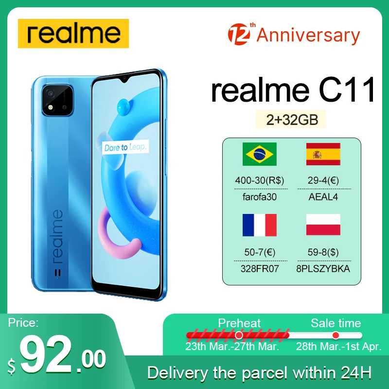 

Global Version телефоны Realme C11 2021 2GB RAM 32GB ROM NFC Smartphone 6.5 Large Display 8MP Camera 5000mAh Battery Play Store