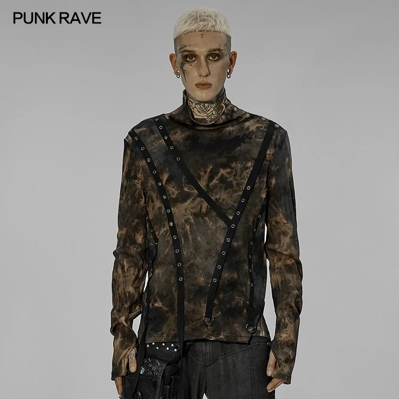 

PUNK RAVE Men's Punk Tie-dyed Pullover T-shirt Eyelet Webbing Decoration Casual Fashion Cool Street Tops Spring & Autumn Tees