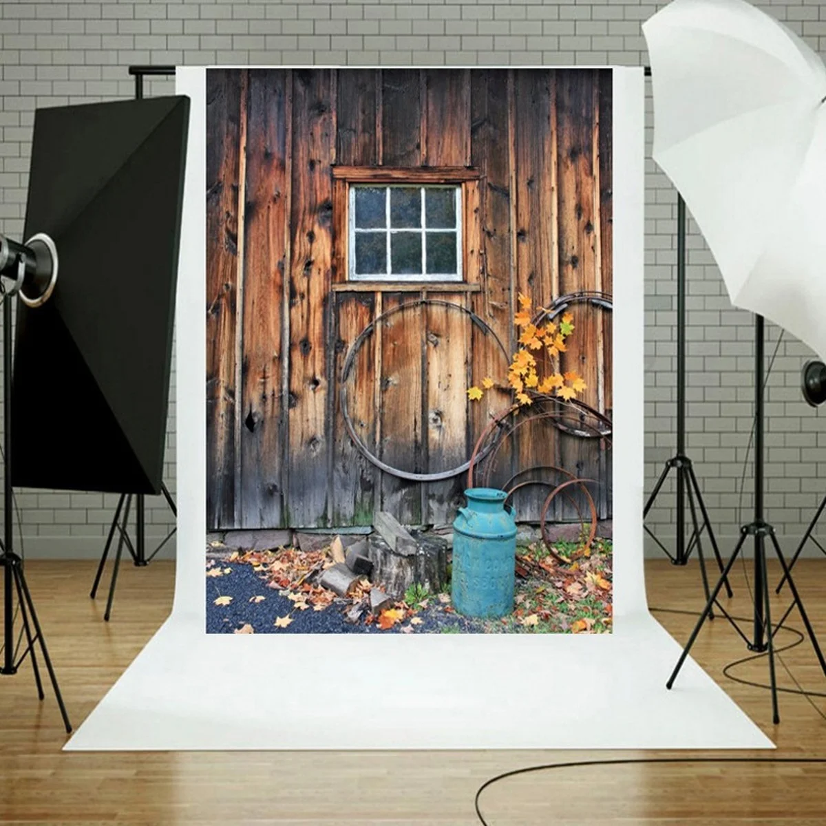 

Premium retro background big brown door and white side small window side stone wall top vinyl background cloth family portrait p