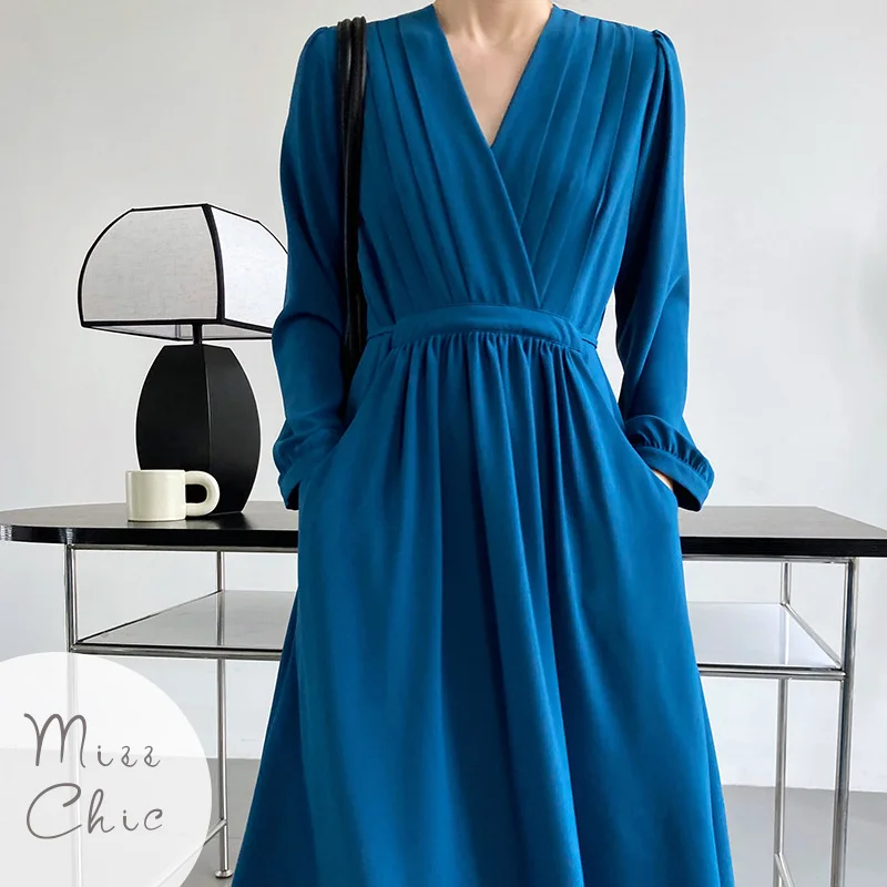 

Женское элегантное плиссированное платье макси, корейское однотонное Повседневное платье на шнуровке с V-образным вырезом и длинным рукавом, шикарные офисные женские платья 2023