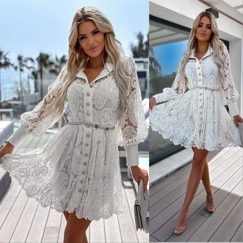 

2023 new lace cutout versatile casual lace-up commuter style long shirt dress